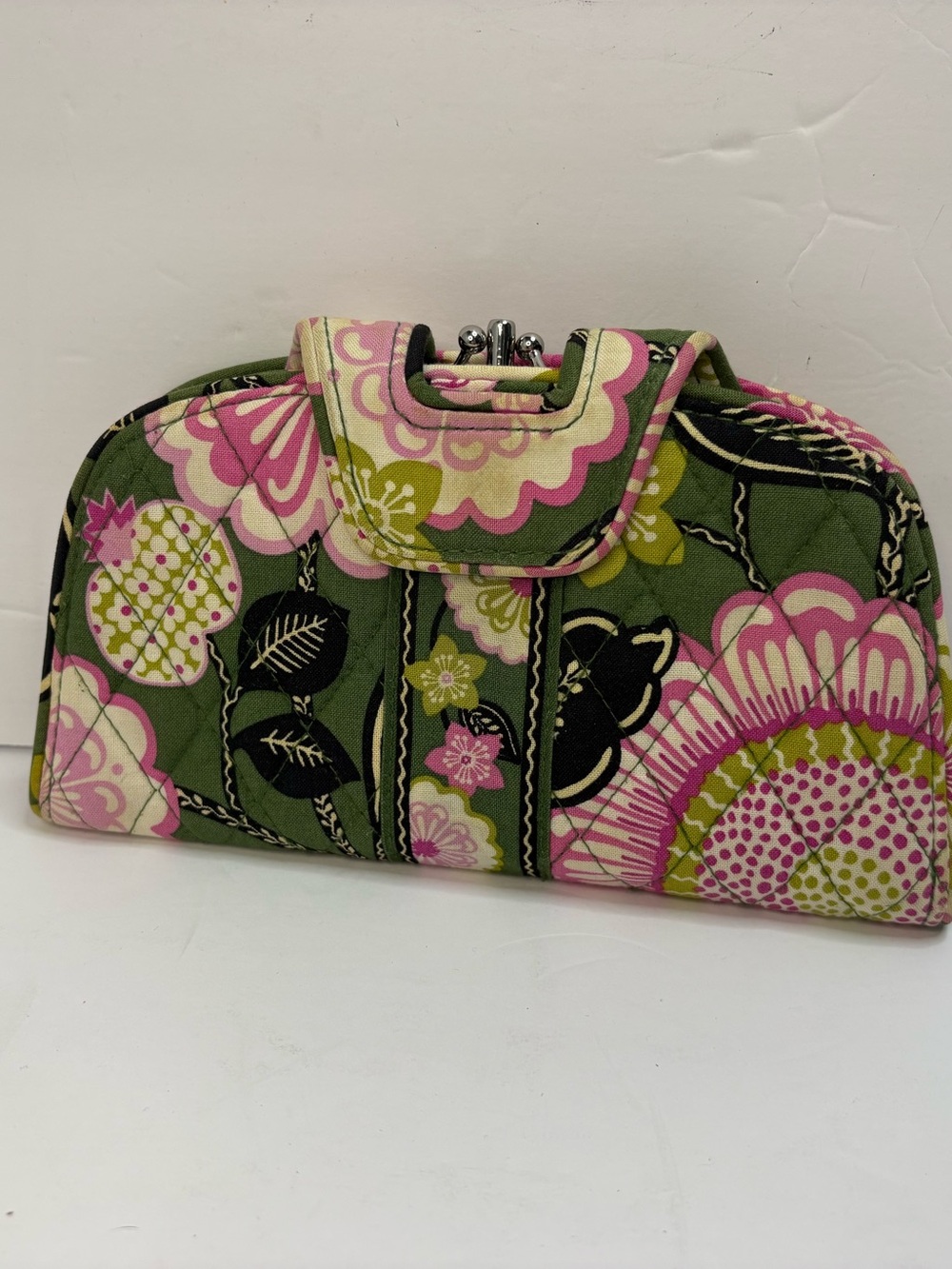 Vera Bradley Quilted Kiss Lock Frame Bag Green Pink Floral Top Handle Purse